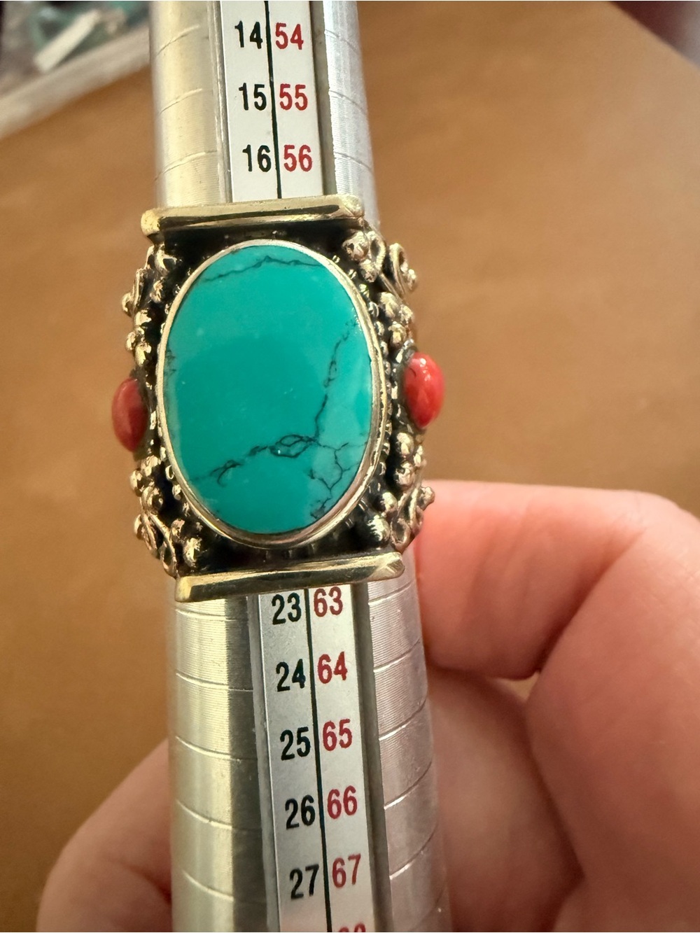 Tibetan Silver Ring with Turquoise, Red Coral. Size 9